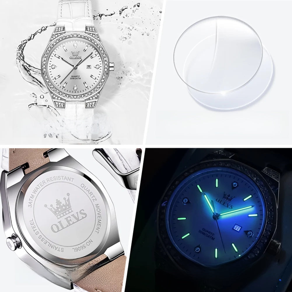 Women's Leather Strap Crystal Bezel Watch Rose Gold Luxury