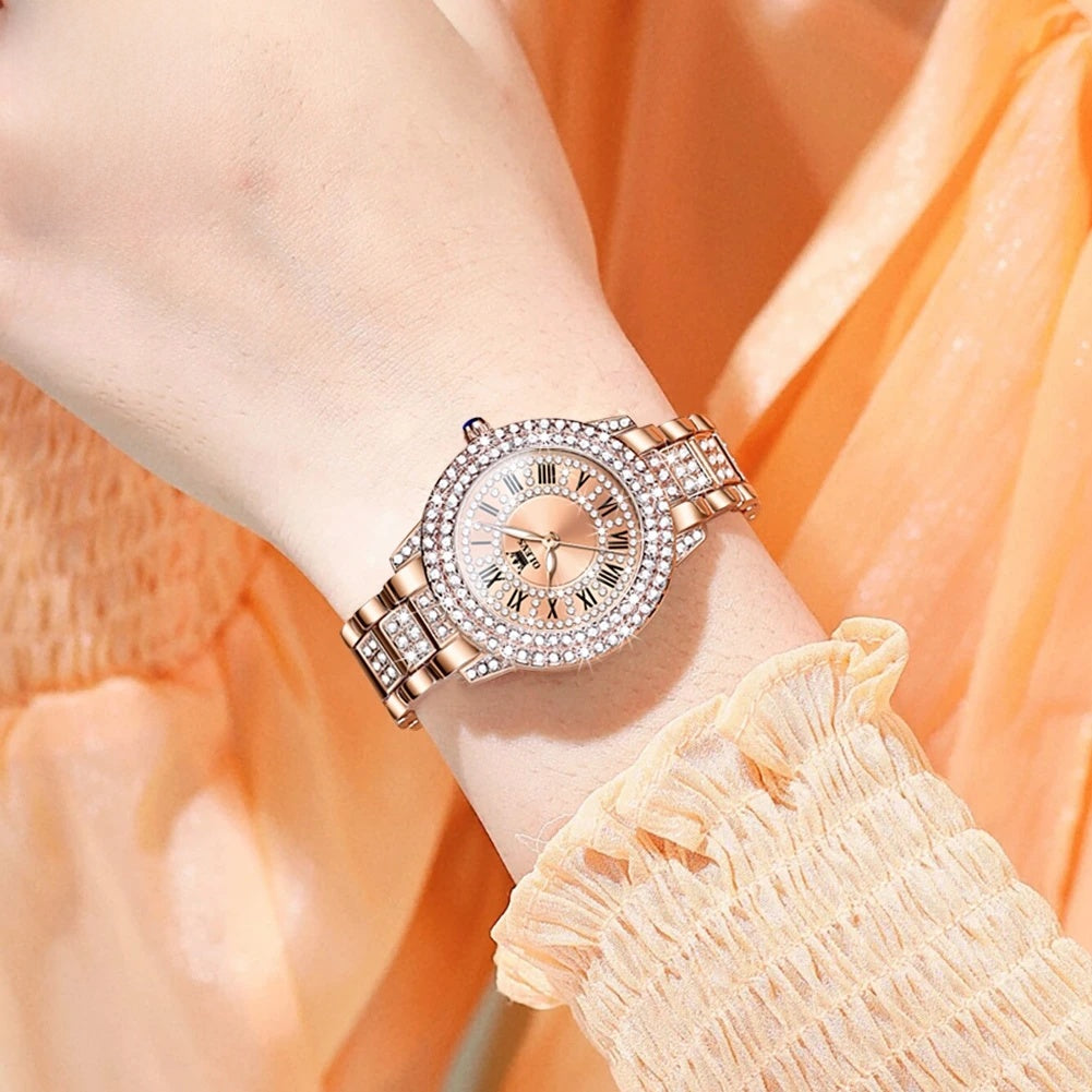 Women's Rose Gold Crystal Roman Numeral Watch Elegant
