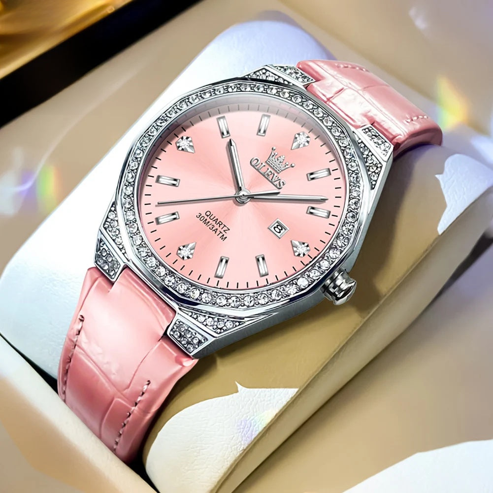 Women's Crystal Bezel White Leather Strap Watch Quartz Date