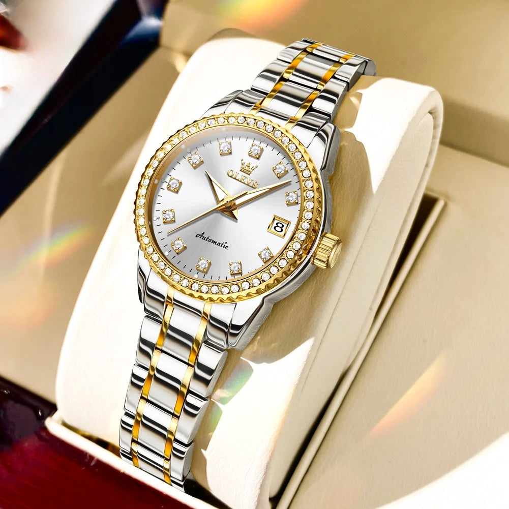 Women's Automatic Mechanical Diamond Dial Stainless Watch