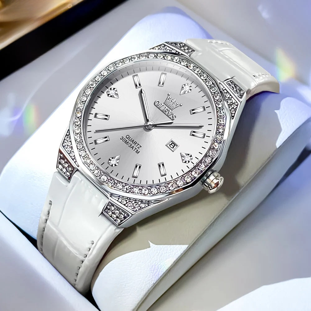 Women's Crystal Bezel White Leather Strap Watch Quartz Date