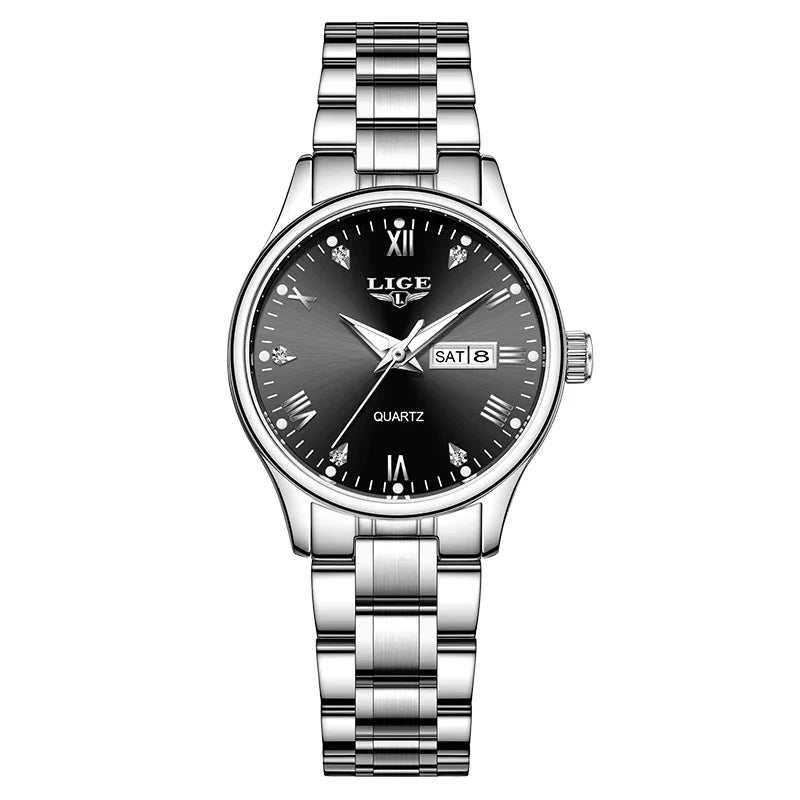 Women's Black Stainless Steel Diamond Dial Quartz Watch