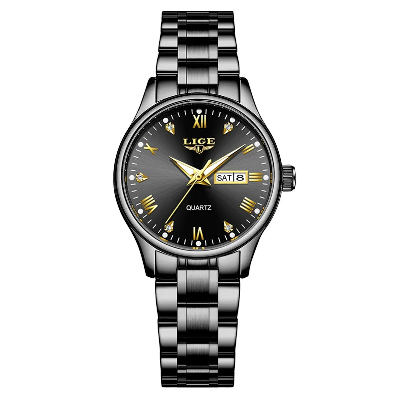 Women's Black Stainless Steel Diamond Dial Quartz Watch