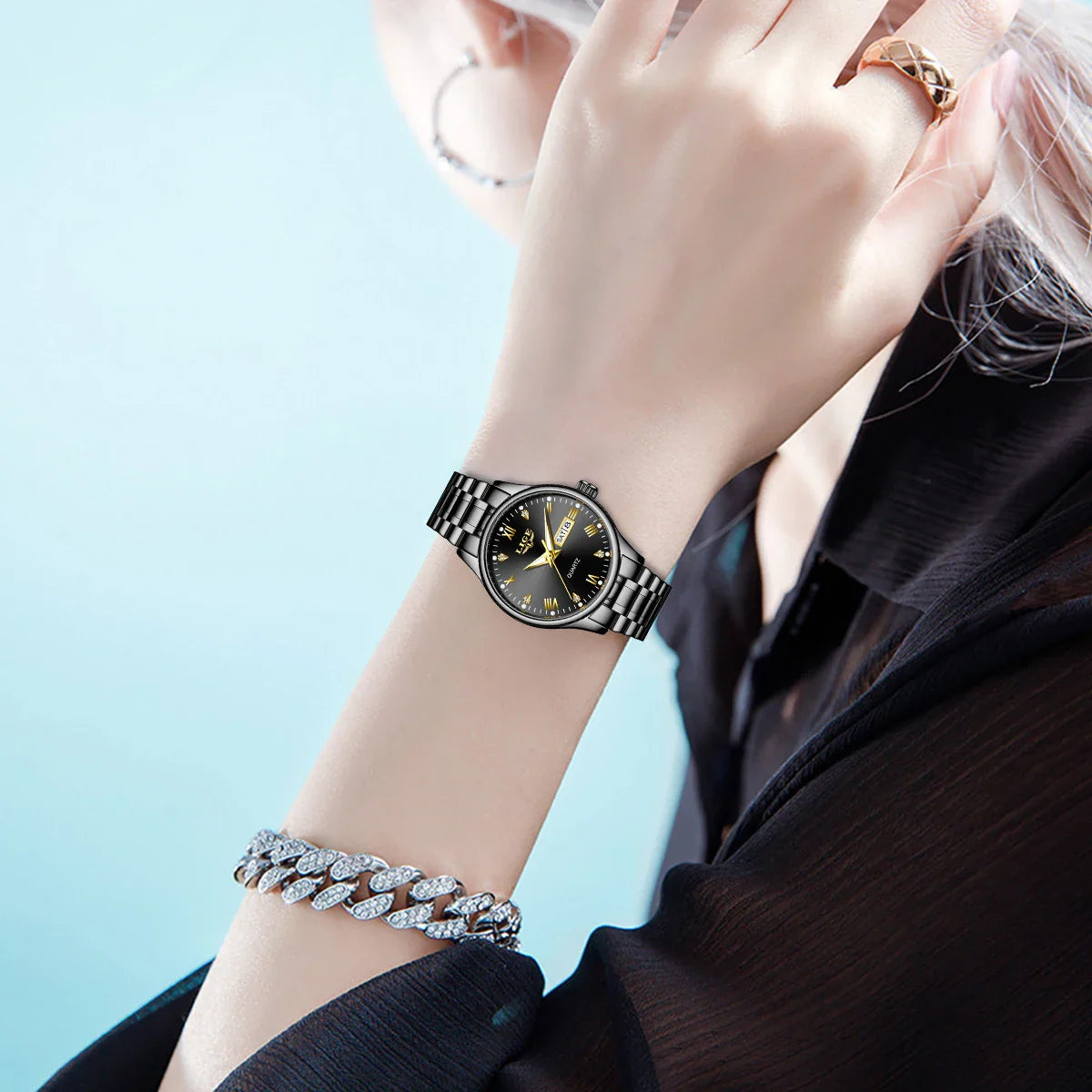 Women's Black Stainless Steel Diamond Dial Quartz Watch