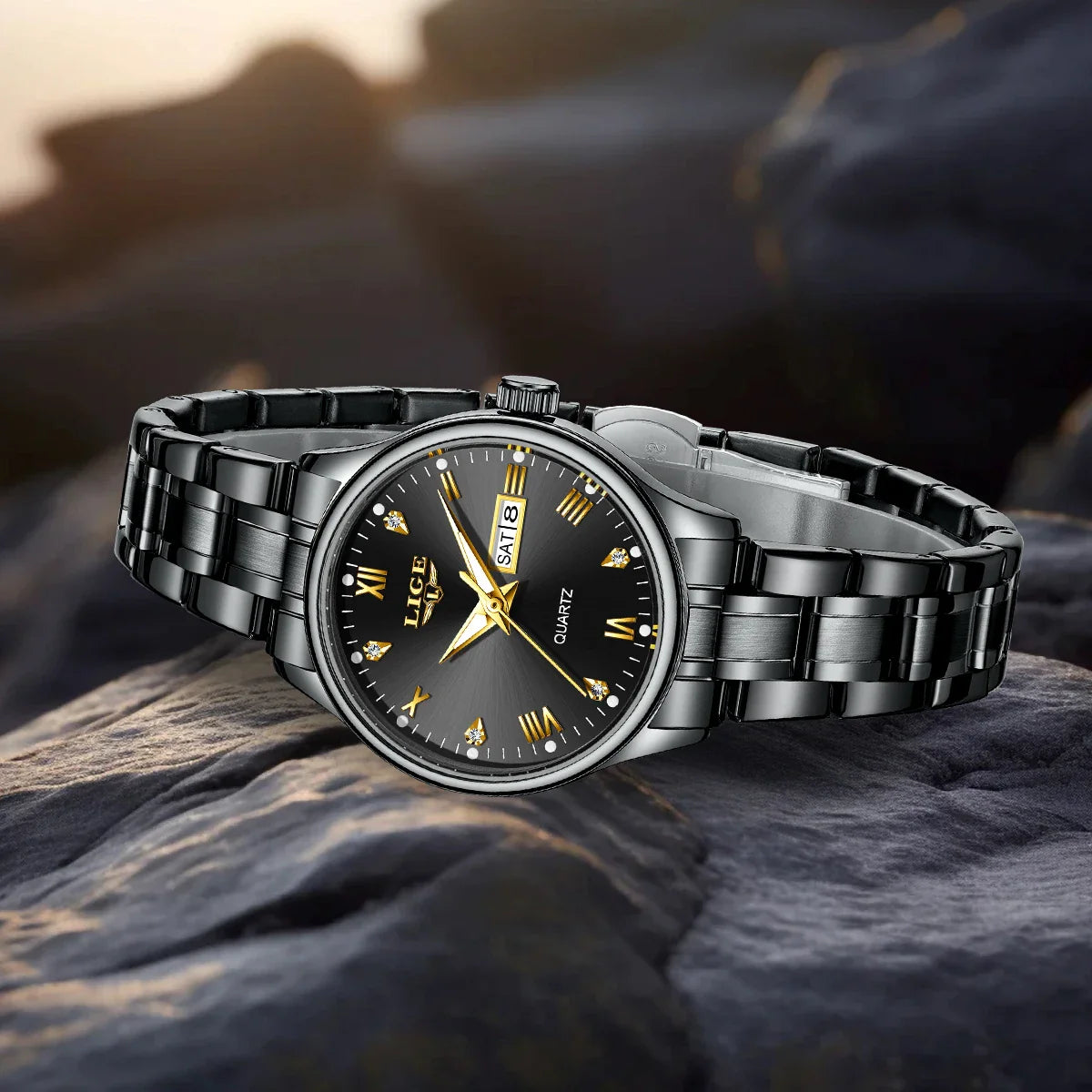 Women's Black Stainless Steel Diamond Dial Quartz Watch