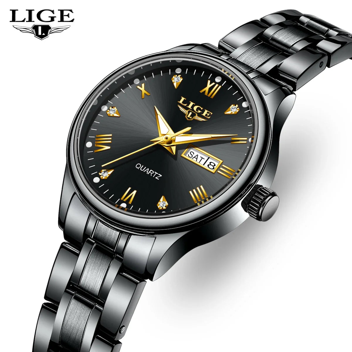 Women's Black Stainless Steel Diamond Dial Quartz Watch