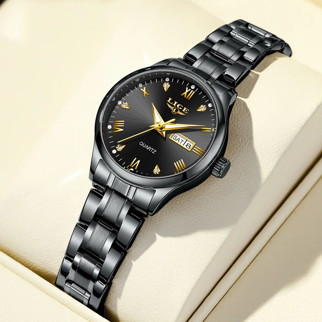 Women's Black Stainless Steel Diamond Dial Quartz Watch