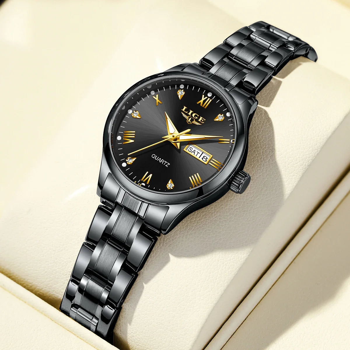 Women's Black Stainless Steel Diamond Dial Quartz Watch