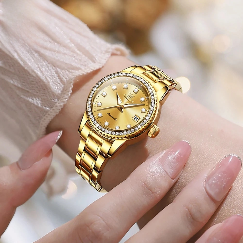 Women's Automatic Mechanical Diamond Dial Stainless Watch